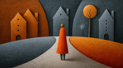 Lone traveler stands at a crossroad between two divergent paths in a stylized landscape