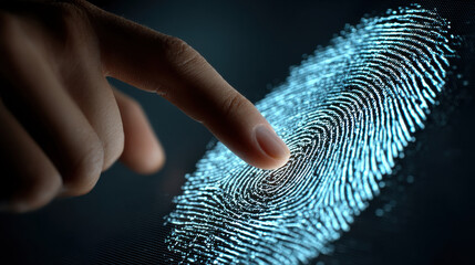 User hand gently touches digital fingerprint scanner, showcasing intricate fingerprint patterns illuminated blue. This interaction highlights
