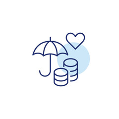Umbrella, stack of coins and heart. Financial protection, trusted investments. Pixel perfect, editable stroke vector icon
