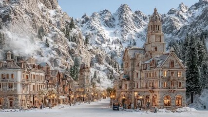Snow covered mountain town with classic architecture and snowy landscape