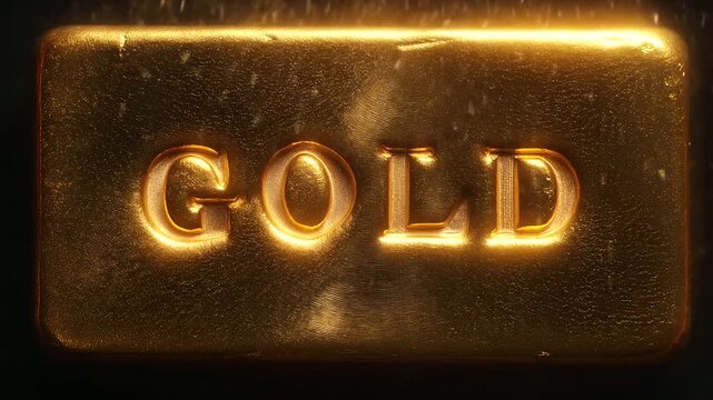 Macro close-up of polished gold bar, engraved letters glowing under saturated bright yellow light, surface mirror-like.
