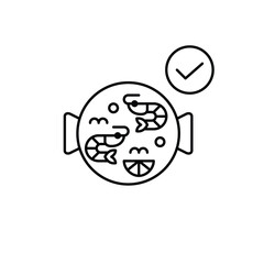 Shrimp paella and checkmark. Verified meal, safe delivery, order approved. Pixel perfect, editable stroke vector icon