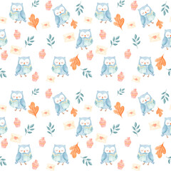 Cute Watercolor Blue Owl Pattern with Books and Cupcakes