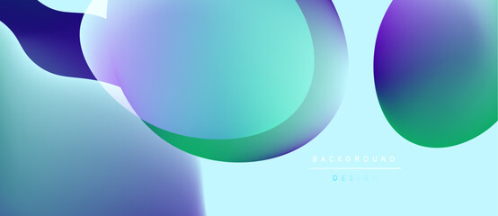 Abstract fluid shapes overlap, creating vibrant blue, purple, turquoise gradients. Modern design suggests movement, energy, smooth transitions.