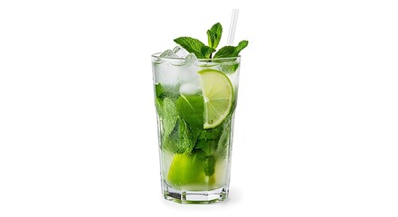 Refreshing Mojito Cocktail with Lime and Mint on White Background.