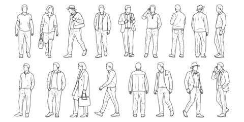 CAD Drawings. Set people outlines isolated on white background. Sitting, walking, etc. side, back and front view. Vector illustration.
