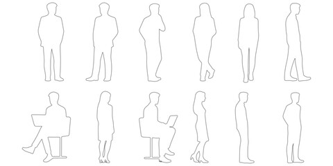 CAD Drawings. Outline Set people isolated on white background. Standing, sitting, etc.Front, Side and back view Vector illustration.