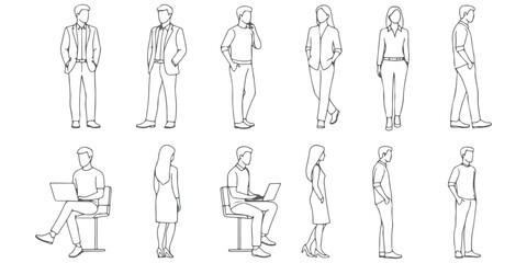 Naklejka na ściany i meble CAD Drawings. Set people outlines isolated on white background. Standing, sitting, etc.Front, Side and back view Vector illustration.