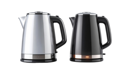 Electric glass kettle with illuminated temperature gauge, isolated on transparent background