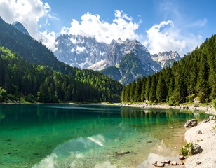 Scenic Mountain Lake with Clear Turquoise Water Surrounded by Lush Green Forest