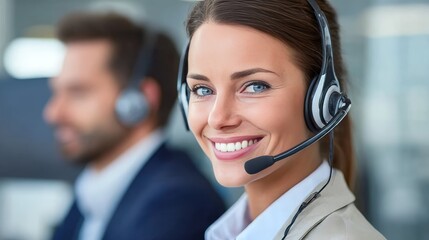 Dedicated Telecommunication Consultants in Modern Office, Wearing Headsets, Offering Expert Support