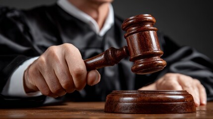Judge strikes gavel in courtroom during legal proceedings to signal authority and conclude a session