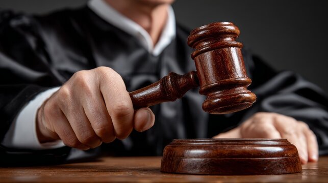 Judge strikes gavel in courtroom during legal proceedings to signal authority and conclude a session