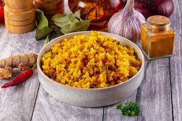 Indian yellow curry rice with tumeric