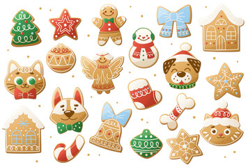 Set of sweet glazed Christmas cookies. Homemade gingerbread cookies for gifting. Festive winter decorated baked goods. Christmas dessert. Gingerbread cookies in the shape of cats and dogs
