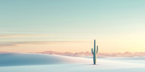 Tall cactus stands alone in a vast, empty desert. The sky is a beautiful shade of blue, and the sun is setting in the distance. The scene is serene and peaceful