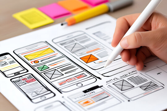 Sketching Mobile App Design with Pen on Paper for UX Planning, motion blur Business concept, motion bokeh background