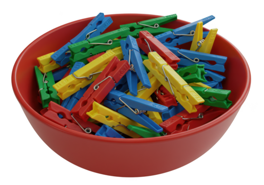 Colorful clothes pins piled high in a red bowl ready for laundry tasks isolated on transparent background