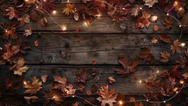 video A wooden panel adorned with autumn leaves and soft lighting, great for nature-inspired designs or rustic themes