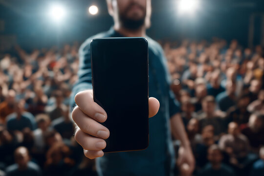 Holding Black Smartphone In Front of Crowd At Event, motion blur Business concept, motion bokeh background