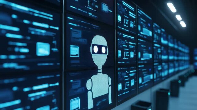 Futuristic Control Room with Digital Screens Displaying AI Data and Robot Icon in High-Tech Environment 4k video footage