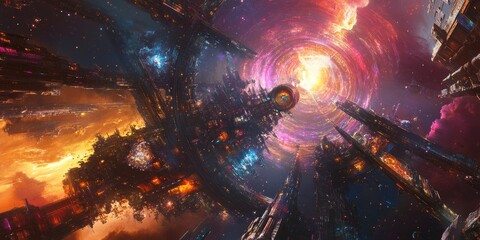 Colorful space scene with a large building in the middle