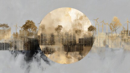 eco city, sustainable architecture, renewable energy, wind turbines, green urban landscape, environmental art, abstract cityscape, gold texture, minimalism, clean energy, modern design, future city