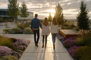 Friends Walking on Rooftop Garden at Sunset Enjoying View, motion blur Business concept, motion bokeh background