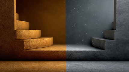 Celestial stairways rising into different skies symbolize a bifurcation point in human destiny