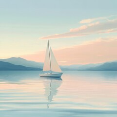 Fototapeta premium Sailboat is floating on a calm lake at sunset. The sky is a mix of pink and orange hues, creating a serene and peaceful atmosphere. The boat is the focal point of the scene