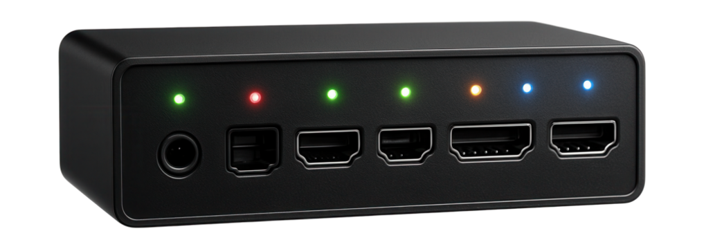 LED terminal block displays active connections in a contemporary home entertainment setup.