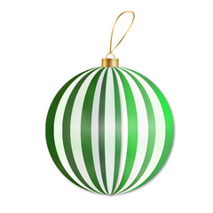 Green-white striped christmas 3d ball ornament isolated on white background. Christmas ornament,  new year tree decoration. Christmas greeting concept.