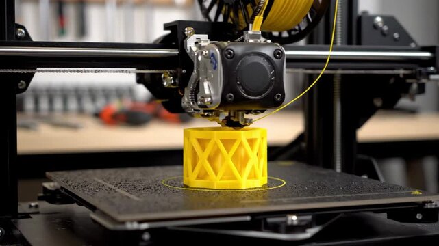 A bright yellow object takes shape on a cutting-edge 3D printer in a spacious workshop. The process is mesmerizing as layers build up, showcasing precision and innovation.