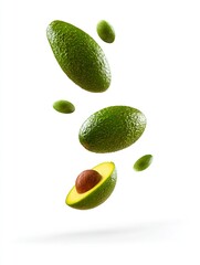 Avocado falling down isolated on white background.
