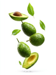 Avocado falling down isolated on white background.