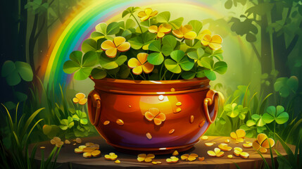 Colorful flowers bloom from an ornate pot in a sunlit forest clearing during springtime