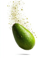 Avocado falling down isolated on white background.