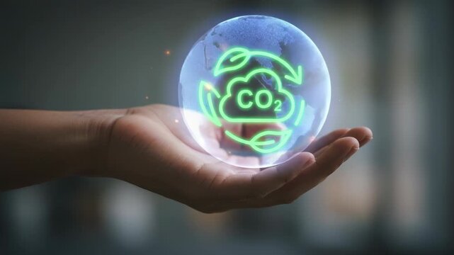 Hand holding a glowing co2 reduction and recycling icon