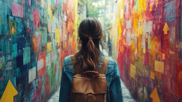 A woman walks down a hallway carrying a backpack, possibly heading to class or a destination
