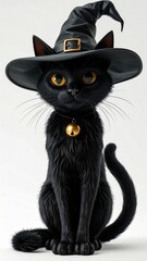 Obraz premium Glossy Black Cat in a Black Witch Hat with Gold Bell on White Background Halloween Season