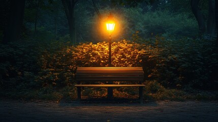 Evening light illuminates a quiet park bench amidst surrounding greenery in a tranquil setting