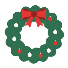 A Christmas wreath with a red bow and alternating white and red ornaments