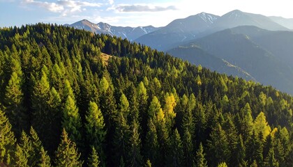 Scenic Mountain Landscape: Lush Forest and Majestic Peaks Under a Sunny Sky