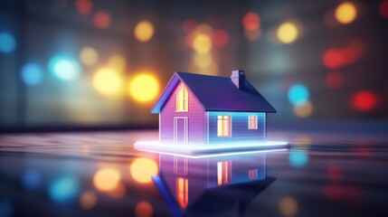 Colorful illuminated miniature house on a reflective surface with a blurred bokeh background creating a cozy atmosphere at night