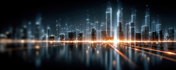 Fototapeta premium Futuristic cityscape illuminated with glowing light lines and modern architecture