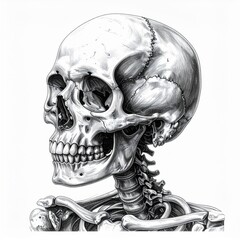 Detailed Black and White Skull Illustration Anatomy Bone Structure Against White Background