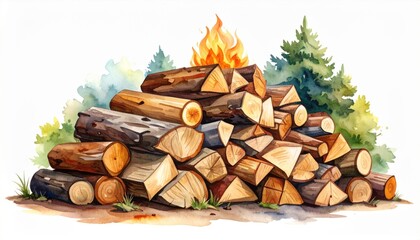 Pile of Wood Logs and Orange Flames with Watercolor Effect Art Style