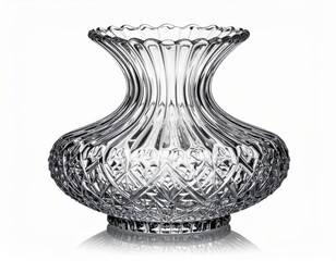 Intricate Clear Crystal Vase with Scalloped Rim and Geometric Patterns on White Background