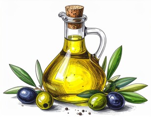 Golden Olive Oil in Glass Pitcher with Olives and Leaves on White