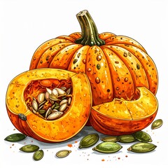 Watercolor Painting of Two Pumpkins One Cut Open with Seeds
